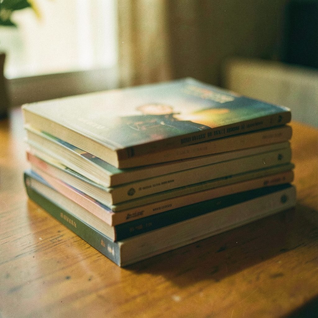 Analog photograph of a stack of slim art books on a wooden surface in warm light