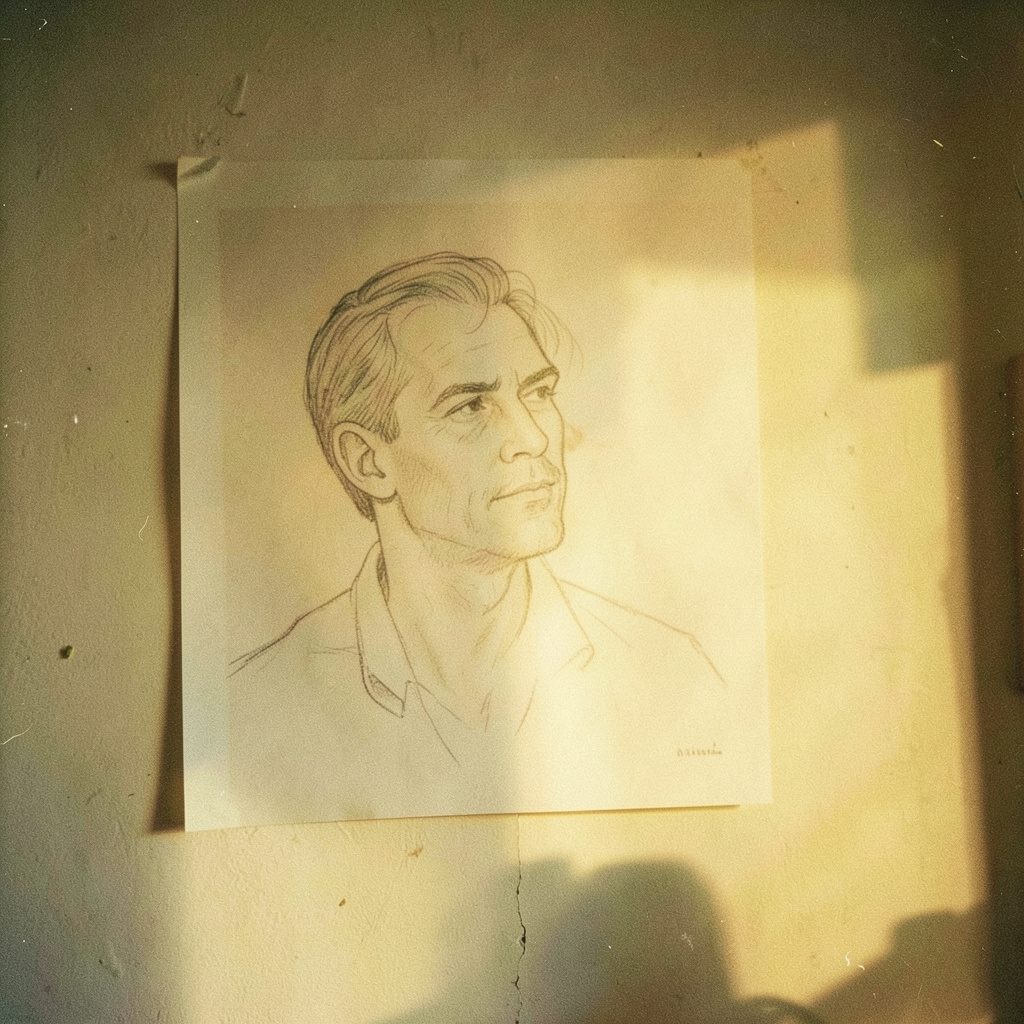 Atmospheric analog photograph of a figure drawing pinned to a studio wall in warm afternoon light