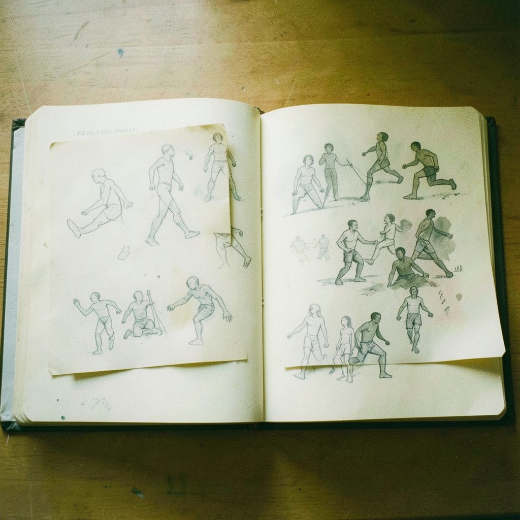 Calm analog photograph of an open archive folder with loose watercolor sketches, viewed from above in soft daylight
