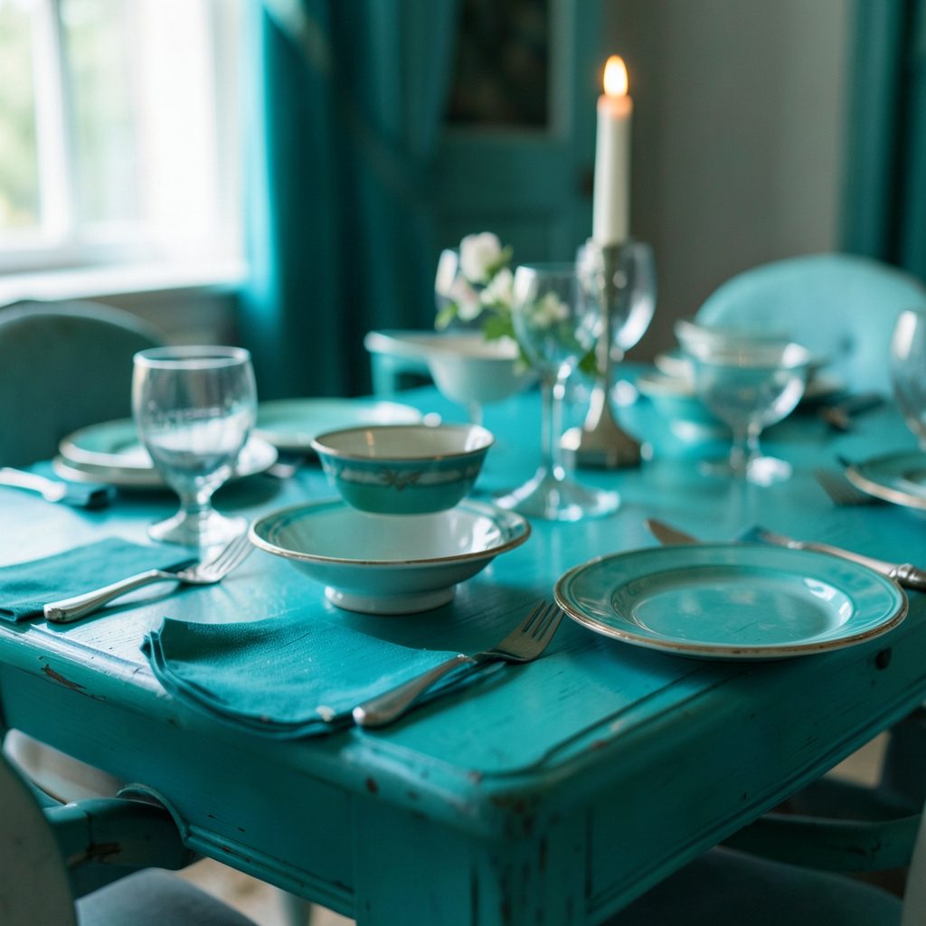 Interno shabby chic con tavolo da pranzo in legno e decorazioni vintage, luce calda e atmosfera raccolta.