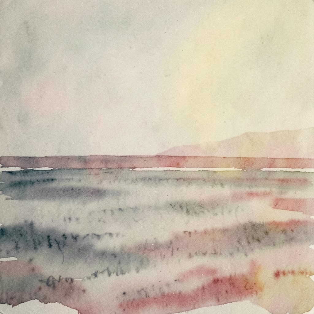 Muted analog photograph of a watercolor seascape in soft grays and faded reds