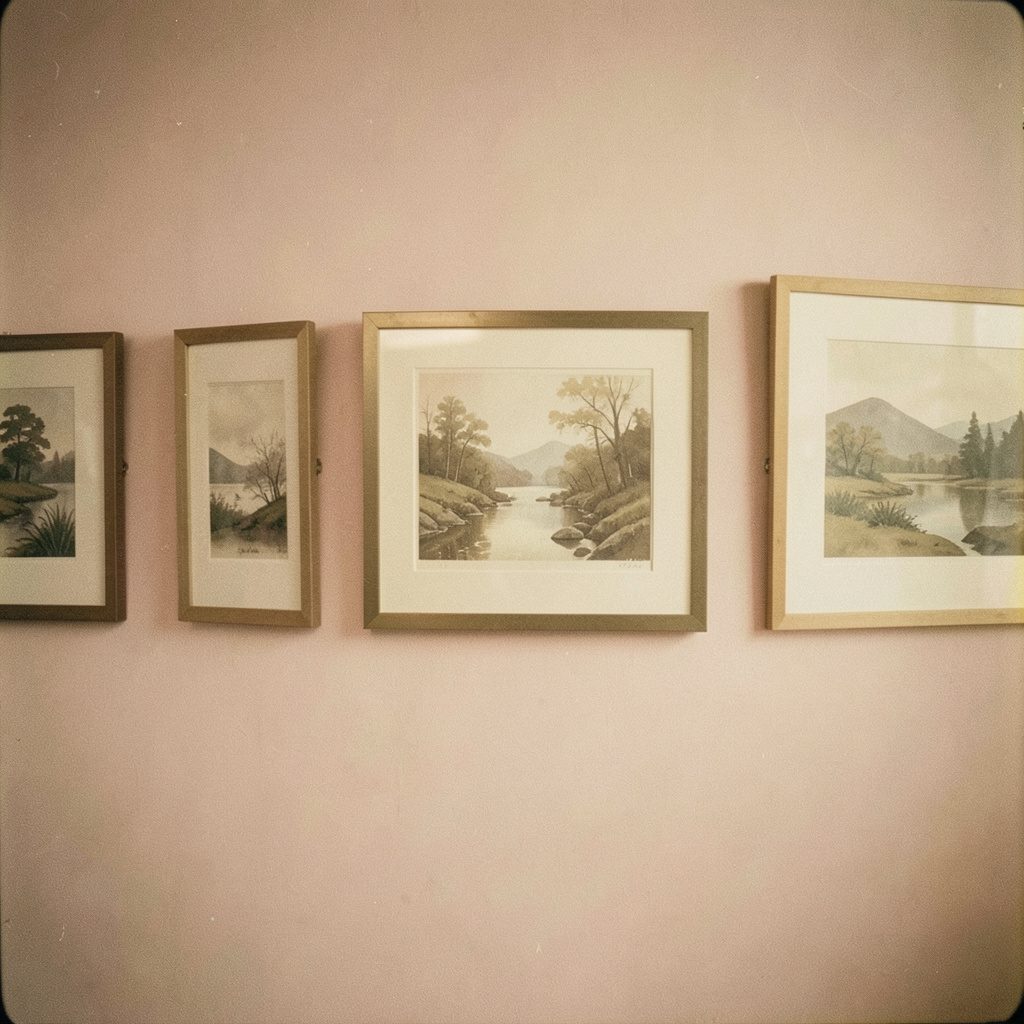 Muted sepia analog photograph of a row of framed watercolor landscapes hung on a soft pink gallery wall