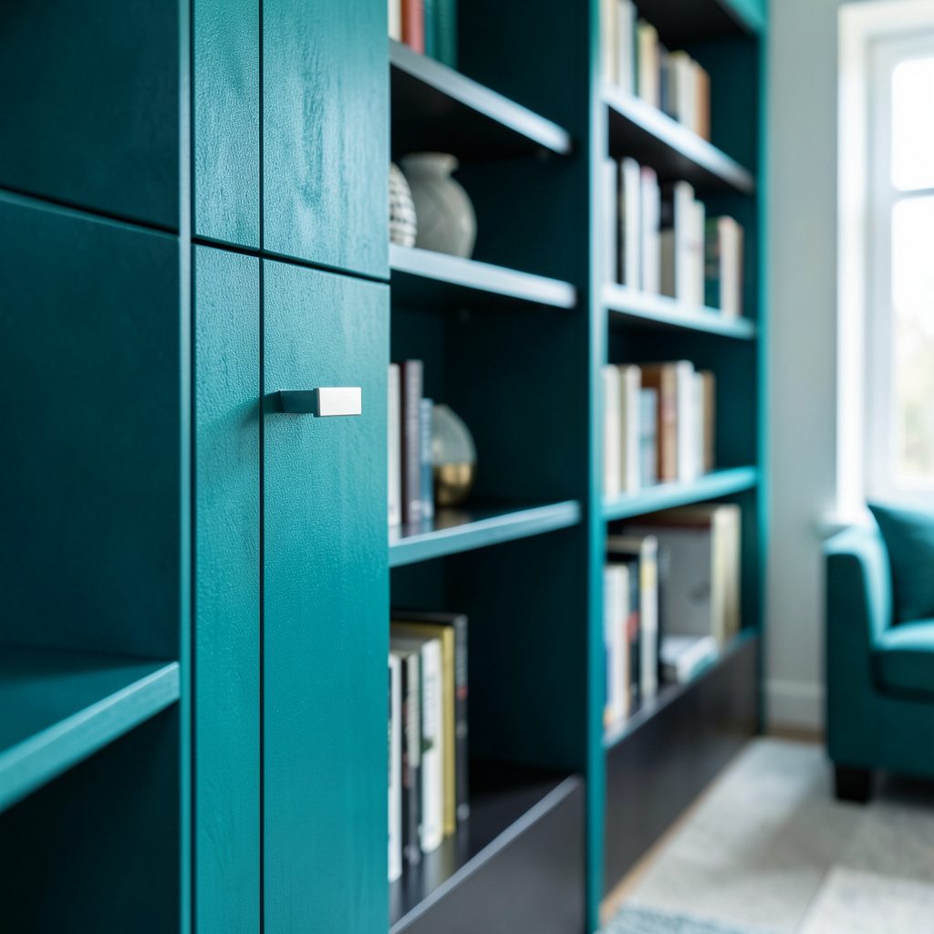Libreria angolare con scaffali in legno e libri disposti ordinatamente in una stanza luminosa, atmosfera silenziosa.