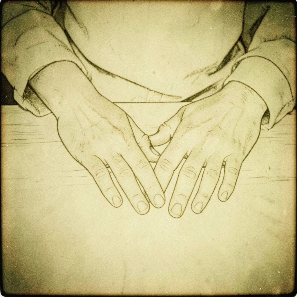 Sepia analog photograph of an ink line drawing of hands resting on a table