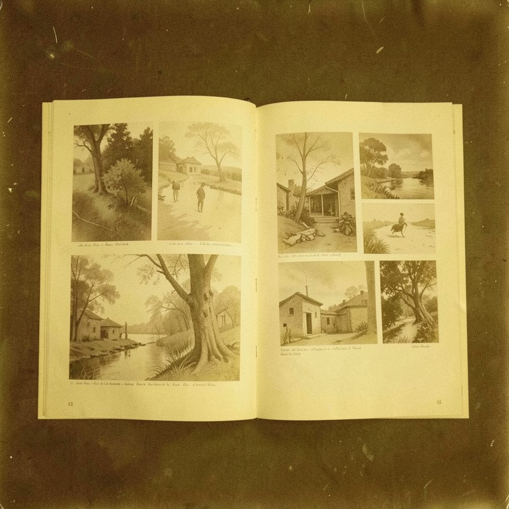 Sepia analog photograph of an open exhibition catalogue showing watercolor plates