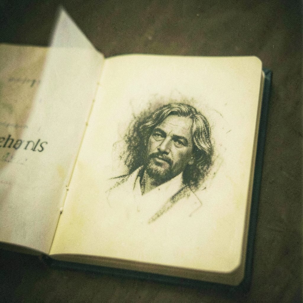 Soft analog photograph of a bound sketchbook with a charcoal portrait visible on the page