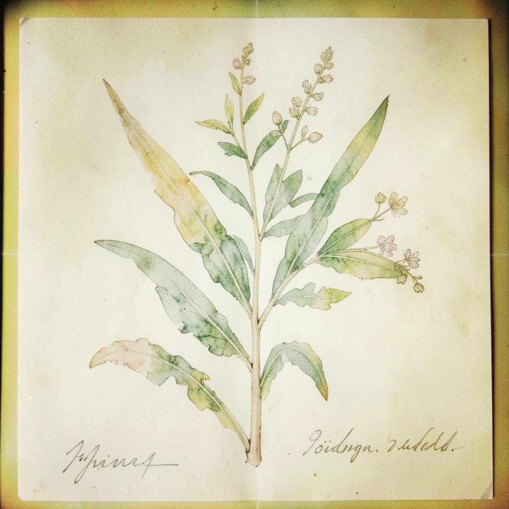 Soft-lit analog photograph of a botanical illustration with delicate watercolor washes and handwritten labels