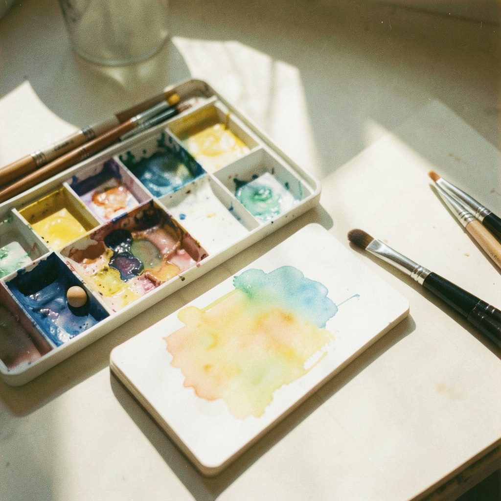Soft warm-toned analog photograph of a watercolor palette with brushes and a sketchbook, bathed in natural daylight, with visible film grain