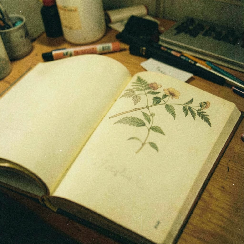 Warm analog photograph of a botanical illustration book lying open on a desk