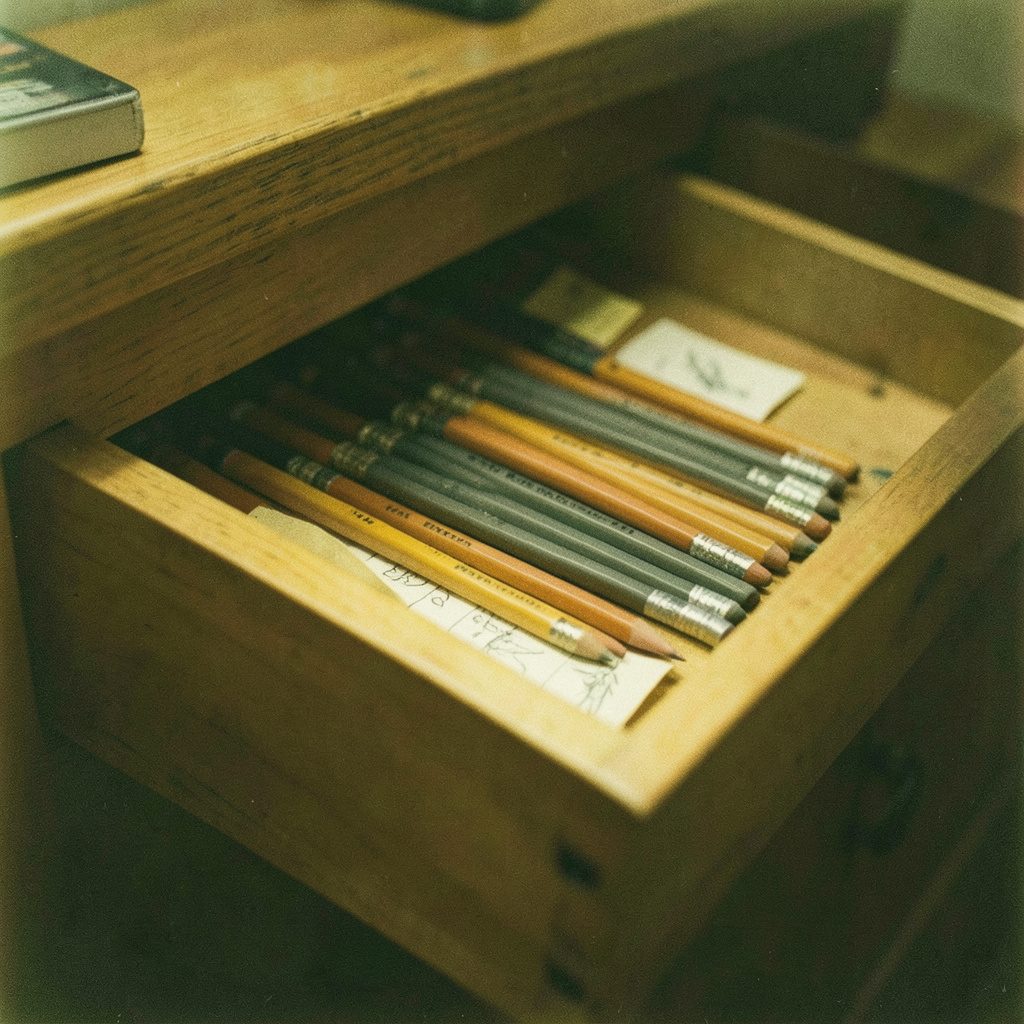 Warm analog photograph of a wooden drawer filled with graphite pencils and small preparatory sketches