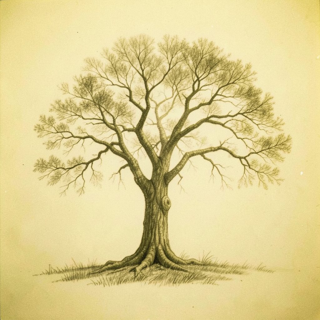 Warm-toned analog photograph of a graphite tree study drawn on cream paper